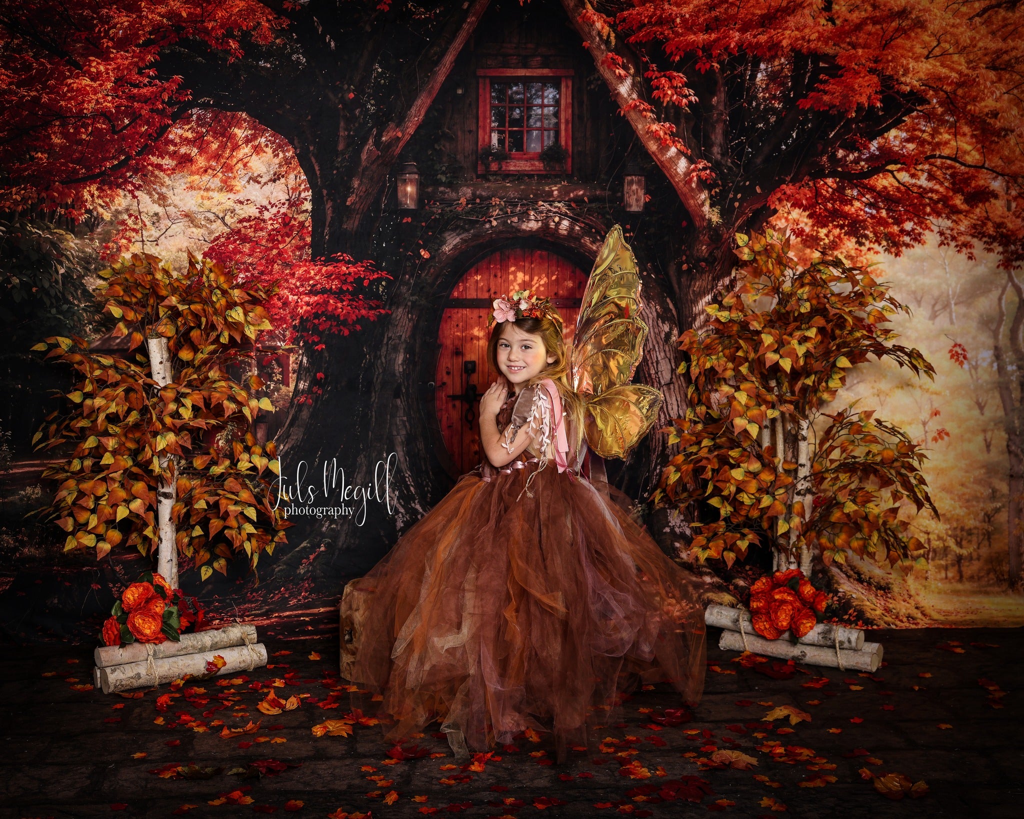 Kate Automne Feuilles d'érable Cabane Forêt Toile de fond conçue par Emetselch - Kate Backdrop FR