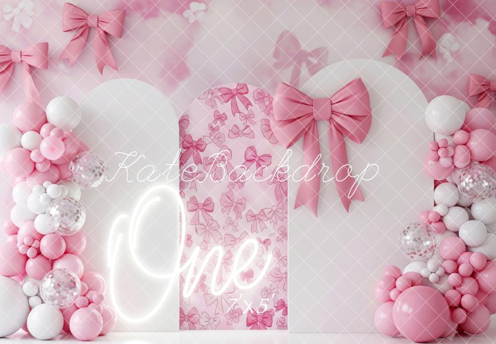 Kate Anniversaire Arc Nœuds Ballons Rose Toile de fond conçue par Patty Roberts - Kate Backdrop FR