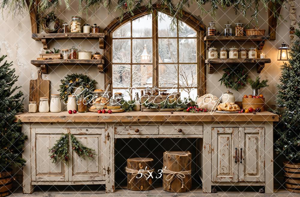 Kate Noël Cuisine Rustique Fenêtre Hiver Toile de fond conçue par Emetselch - Kate Backdrop FR