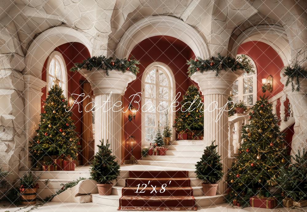 Kate Sapins de Noël Escalier Rouge Toile de fond en Laine conçue par Emetselch - Kate Backdrop FR