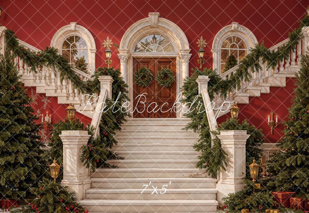 Kate Noël Escalier Porte Sapins Toile de fond conçue par Emetselch - Kate Backdrop FR