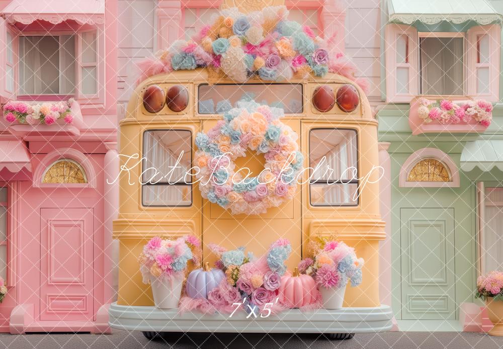 Kate Bus Jaune Fleurs Pastel Toile de fond conçue par Mini MakeBelieve - Kate Backdrop FR