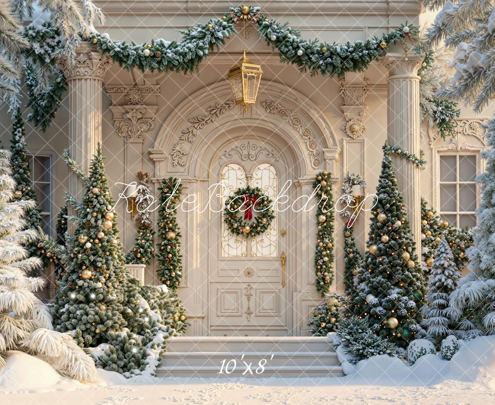 Kate Noël Façade Sapins Neige Toile de fond en Laine conçue par Emetselch - Kate Backdrop FR