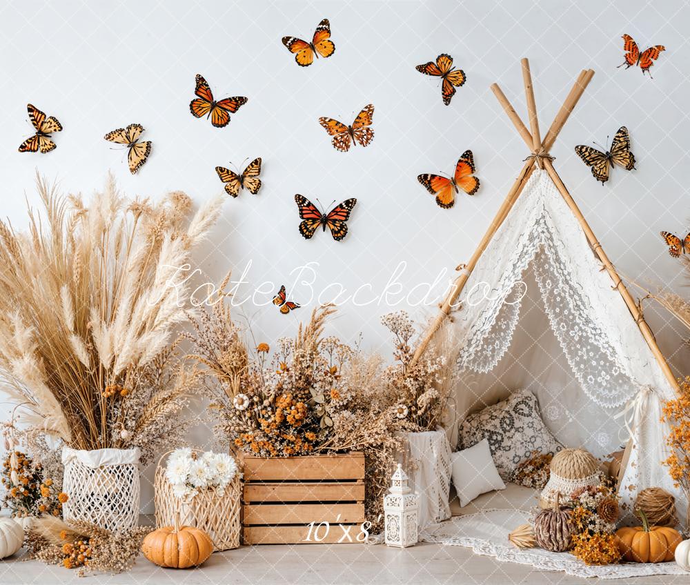 Kate Automne Papillons Citrouilles Tipi Toile de fond en Laine conçue par Emetselch - Kate Backdrop FR