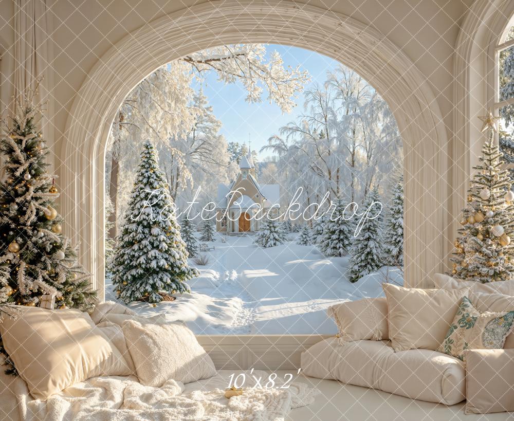 Kate Hiver Salon Noël Fenêtre Neige Toile de fond conçue par Emetselch - Kate Backdrop FR