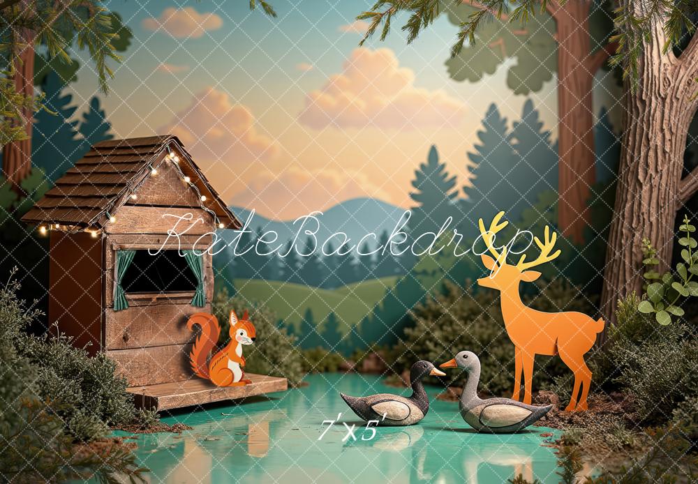 Kate Forêt Lac Maison Animaux Toile de fond conçue par Laura Bybee