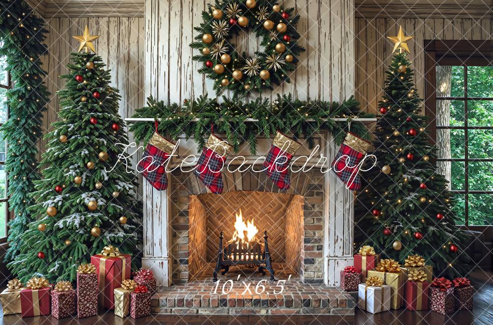 Kate Noël Cheminée Sapins Guirlande Toile de fond conçue par Mini MakeBelieve - Kate Backdrop FR