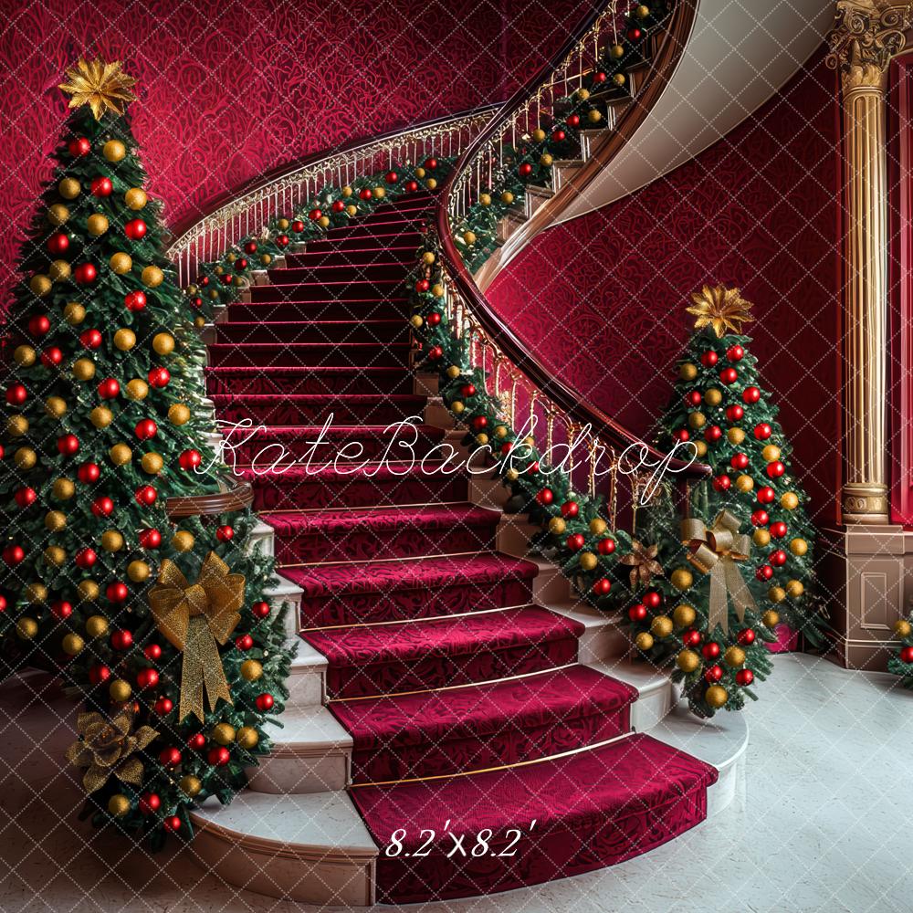 Kate Noël Escalier Sapins Décorations Rouge Toile de fond conçue par Mini MakeBelieve - Kate Backdrop FR