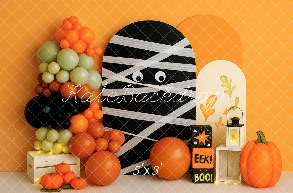 Kate Halloween Momie Citrouilles Ballons Orange Toile de fond conçue par Patty Roberts - Kate Backdrop FR