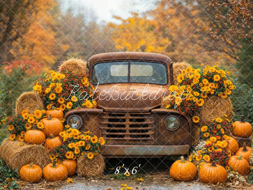 Kate Automne Camion Foin Citrouilles Fleurs Toile de fond conçue par Emetselch - Kate Backdrop FR