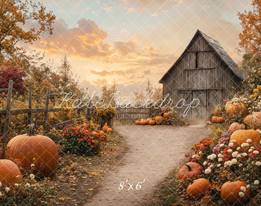 Kate Automne Citrouilles Fleurs Grange Toile de fond en Laine conçue par Emetselch