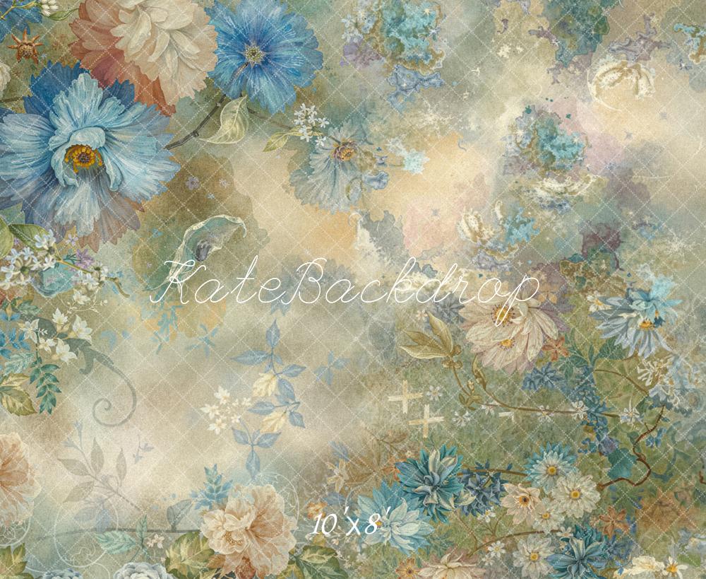 Kate Floral Bleu Beige Toile de fond en Laine conçue par Emetselch - Kate Backdrop FR