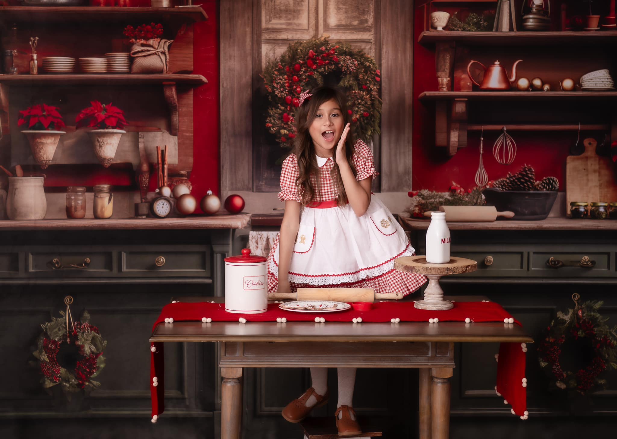 Kate Rouge Vert Noël Cuisine Toile de fond conçue par Mandy Ringe - Kate Backdrop FR