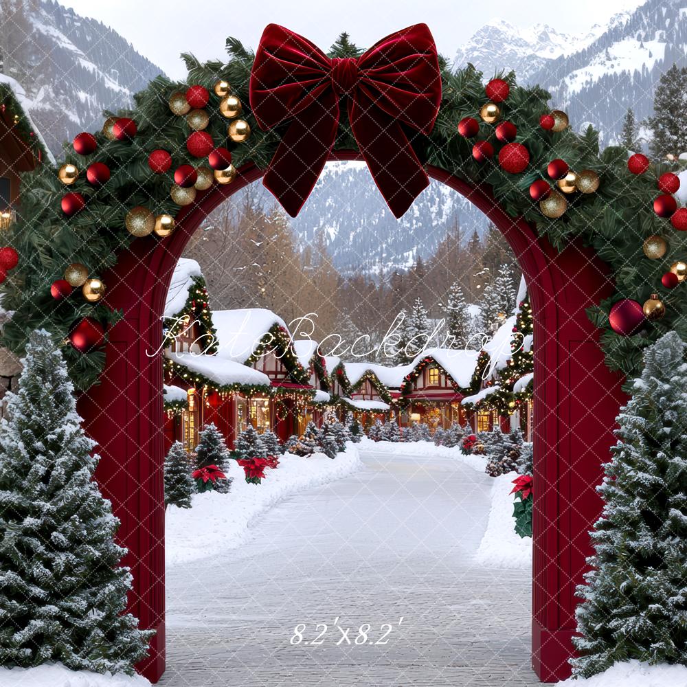 Kate Noël Village Arc Sapins Neige Toile de fond conçue par Mini MakeBelieve - Kate Backdrop FR