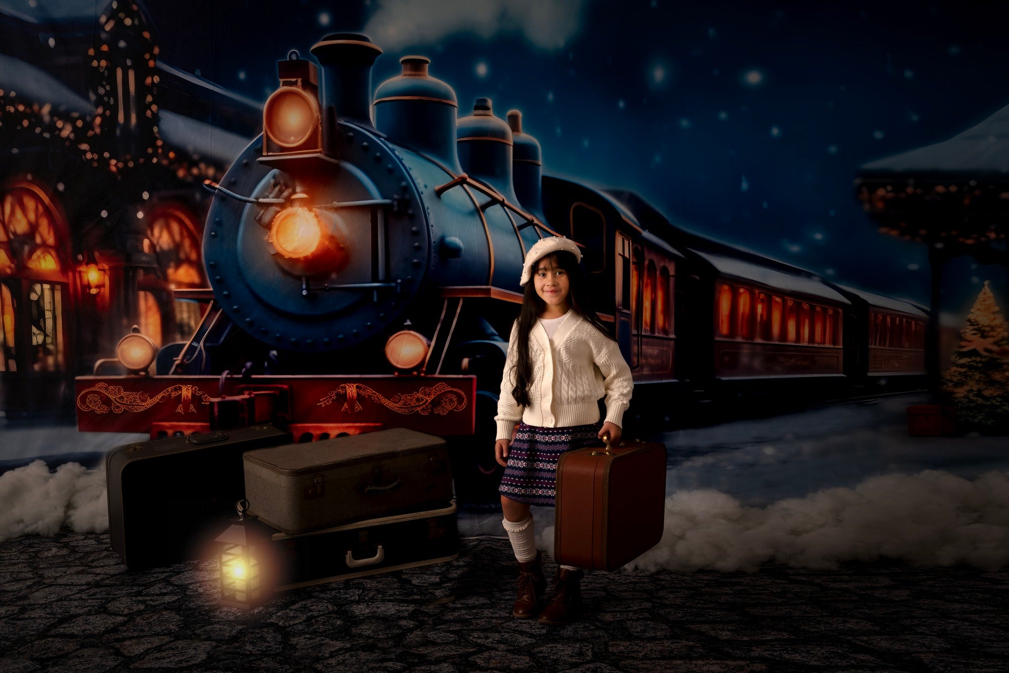 Kate Neige Nuit Train Noël Toile de fond pour la photographie