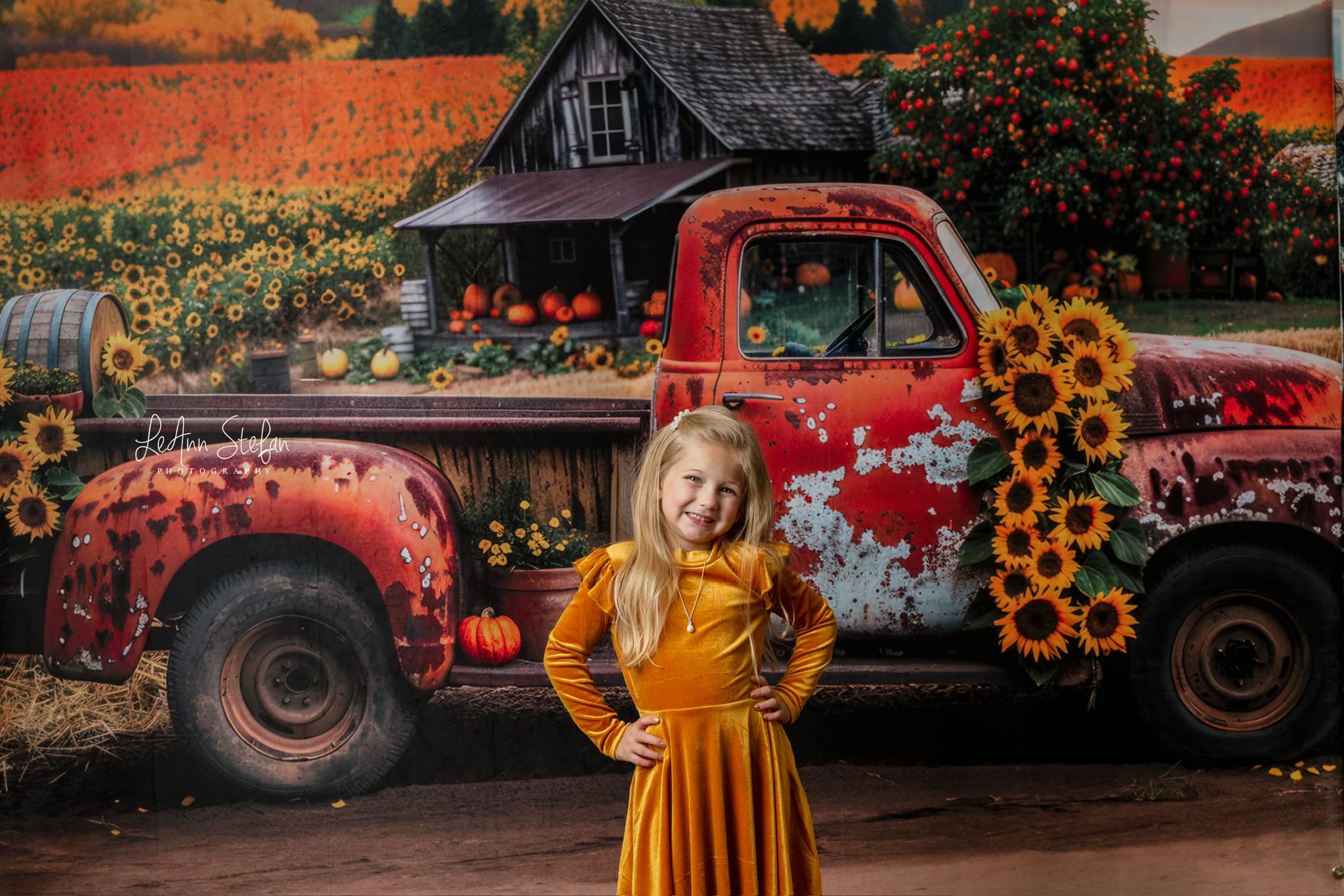 Kate Automne Tournesol Orange Camion cassé Toile de fond conçue par Mini MakeBelieve - Kate Backdrop FR