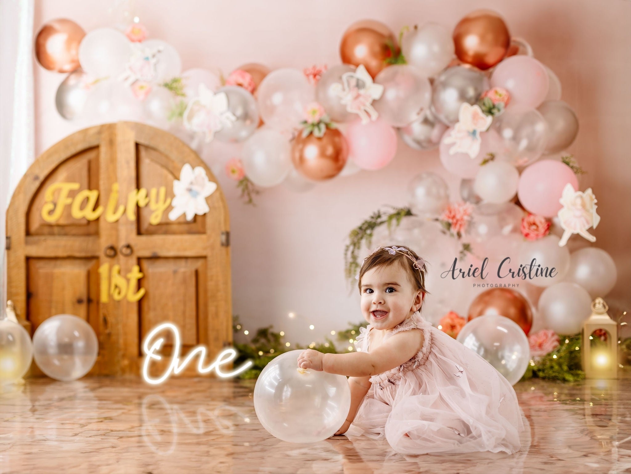 Kate Arc de ballons Fleurs Rose Blanc Toile de fond conçue par Mandy Ringe - Kate Backdrop FR