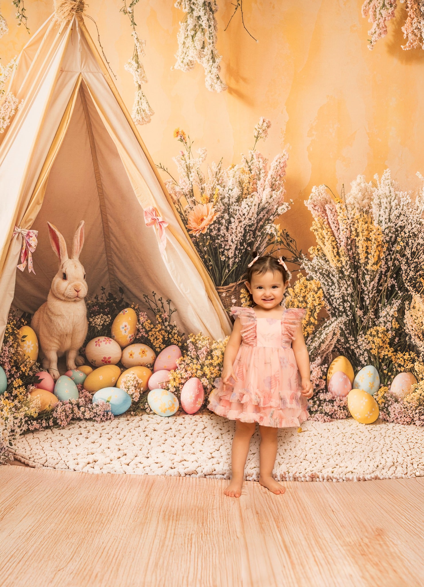 Kate Pâques Lapin Tente Œufs Fleurs Toile de fond+Naturel Texture Bois Beige Sol Toile de fond - Kate Backdrop FR