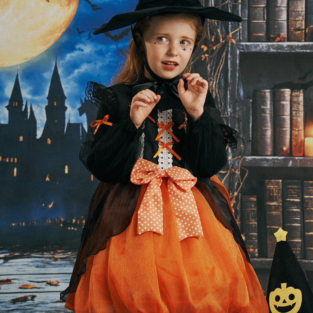 Kate Halloween Noir et Orange Robe Enfant avec Chapeau de Sorcier - Kate Backdrop FR