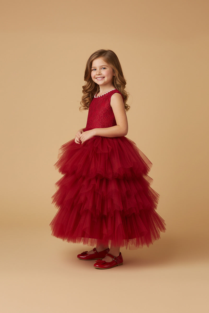 Kate Rouge Perle Col rond Bouffant Robe pour Enfants - Kate Backdrop FR