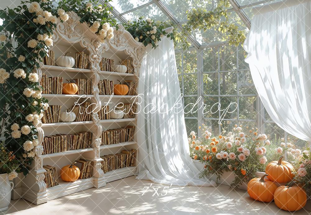 Kate Automne Bibliothèque Citrouilles Fenêtre Toile de fond conçue par Mini MakeBelieve