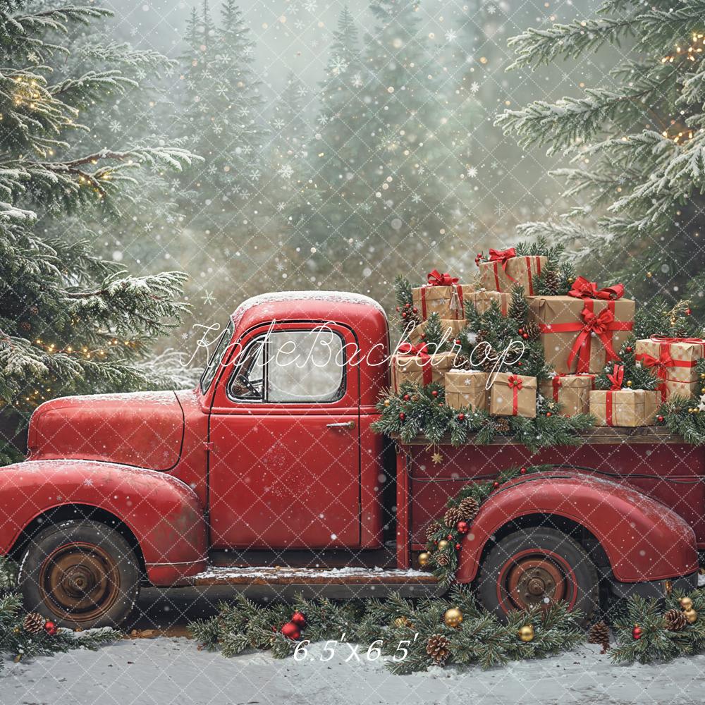 Kate Noël Camion Rouge Cadeaux Sapins Toile de fond conçue par Emetselch - Kate Backdrop FR