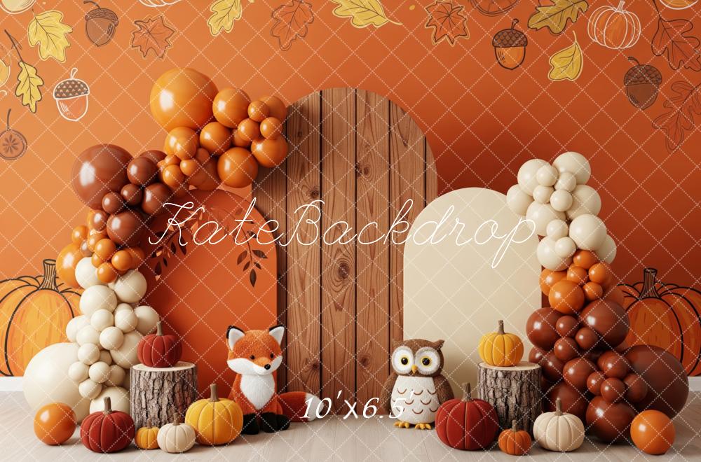 Kate Automne Ballons Renard Hibou Citrouilles Toile de fond conçue par Patty Roberts - Kate Backdrop FR