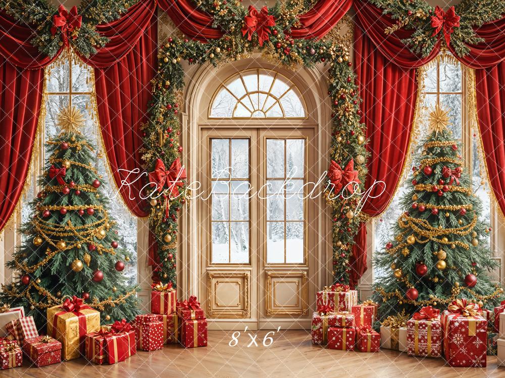 Kate Noël Sapins Cadeaux Rideaux Rouges Toile de fond en Laine conçue par Emetselch - Kate Backdrop FR