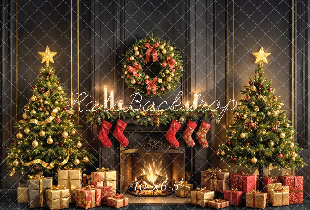 Kate Noël Cheminée Sapins Cadeaux Toile de fond en Laine conçue par Emetselch - Kate Backdrop FR