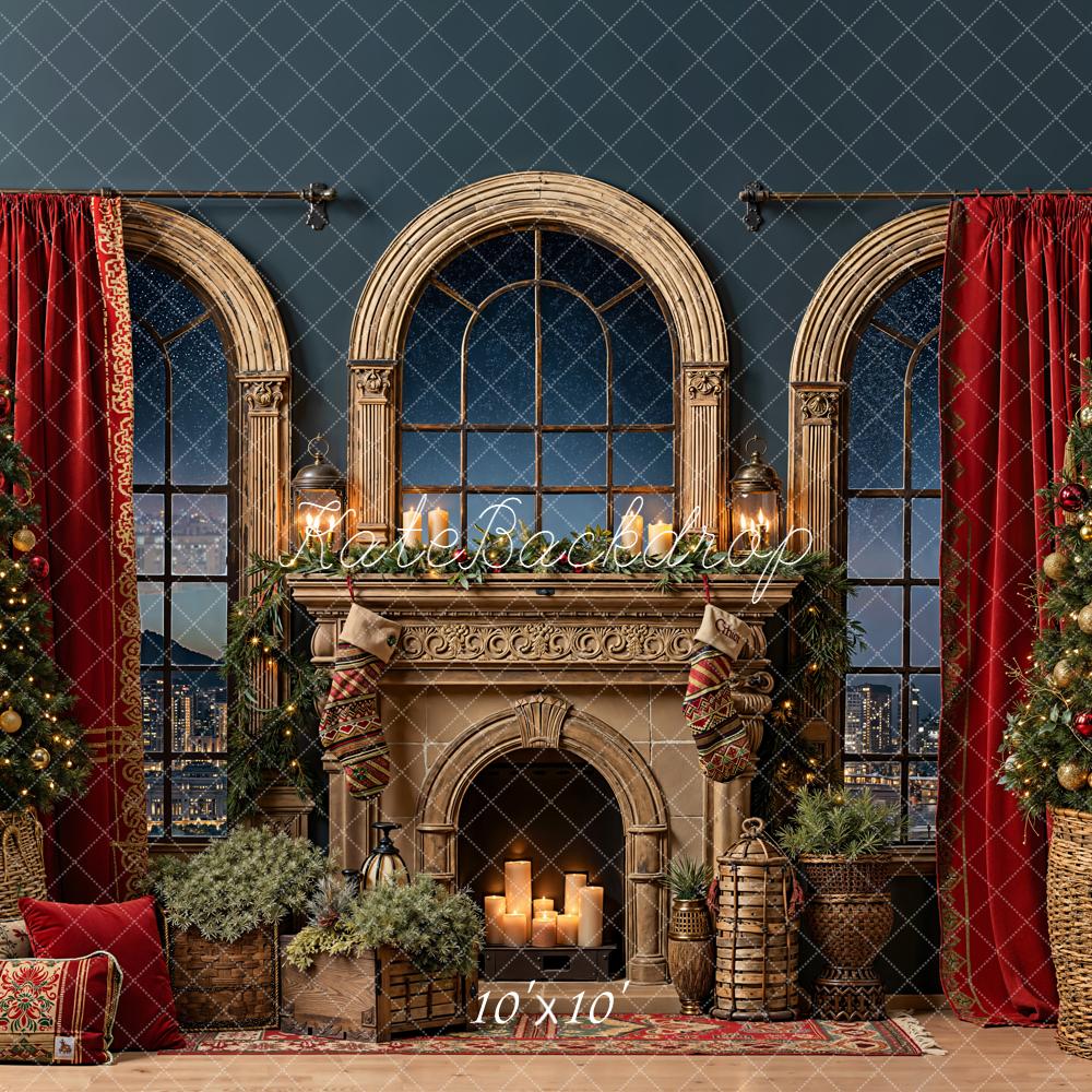 Kate Noël Cheminée Sapins Fenêtres Toile de fond conçue par Emetselch - Kate Backdrop FR