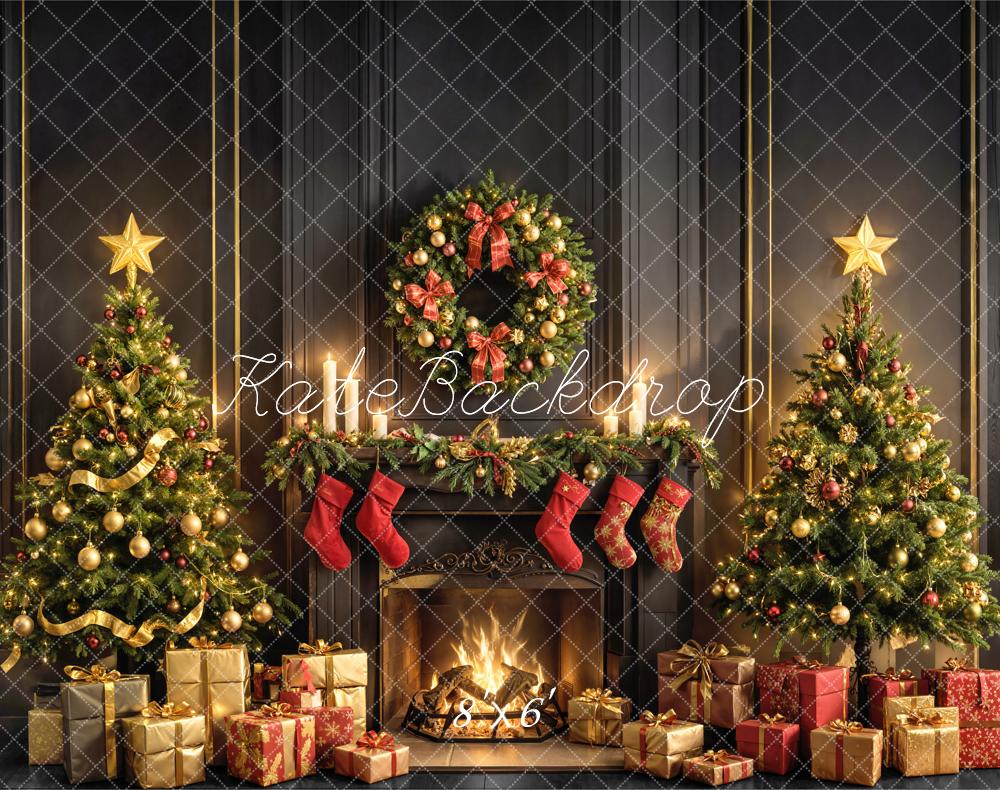 Kate Noël Cheminée Sapins Cadeaux Toile de fond en Laine conçue par Emetselch - Kate Backdrop FR