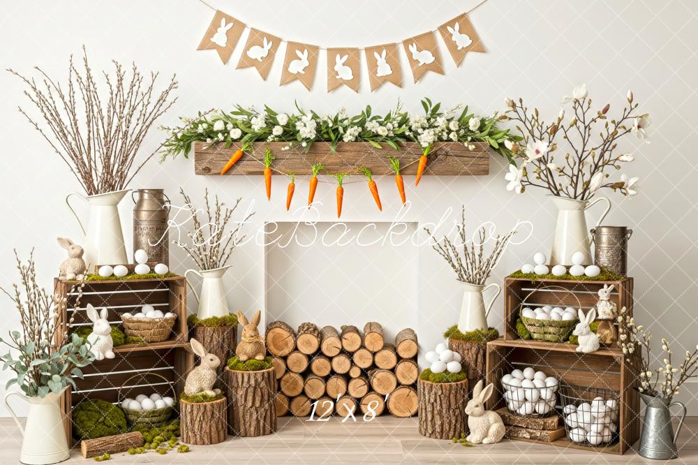 Kate Pâques Lapin Oeufs Bois Cheminée Toile de fond conçue par Patty Roberts