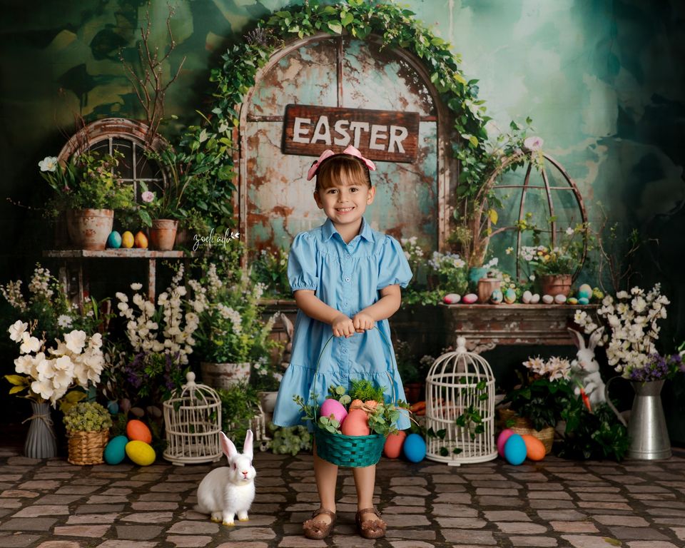 Kate Pâques Vert Plante Pierre Lapin Fenêtre Toile de fond en Laine conçue par Emetselch - Kate Backdrop FR