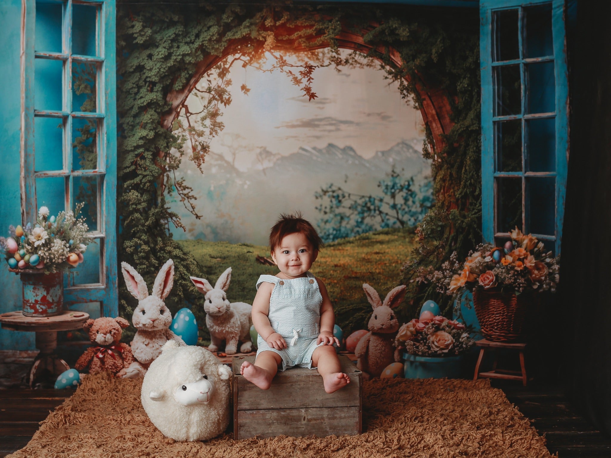Kate Pâques Lapin Fenêtre Paysage Toile de fond en Laine pour la photographie - Kate Backdrop FR