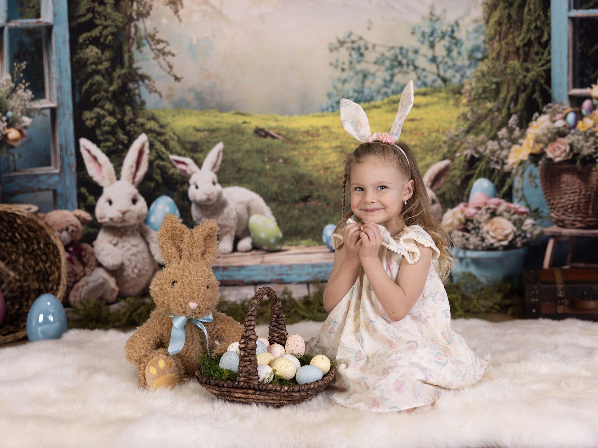 Kate Pâques Lapin Fenêtre Paysage Toile de fond en Laine pour la photographie - Kate Backdrop FR