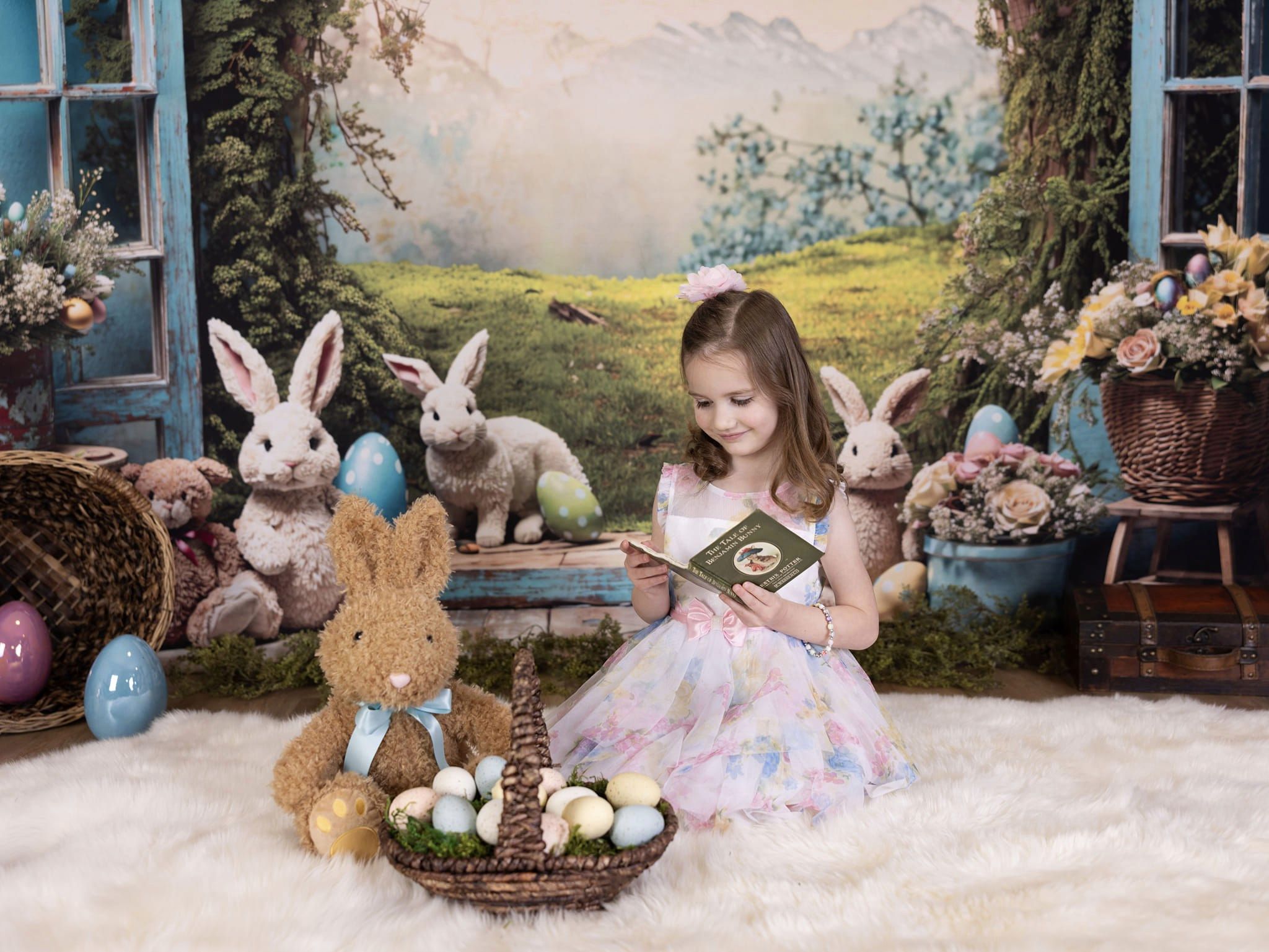 Kate Pâques Lapin Fenêtre Paysage Toile de fond en Laine pour la photographie - Kate Backdrop FR