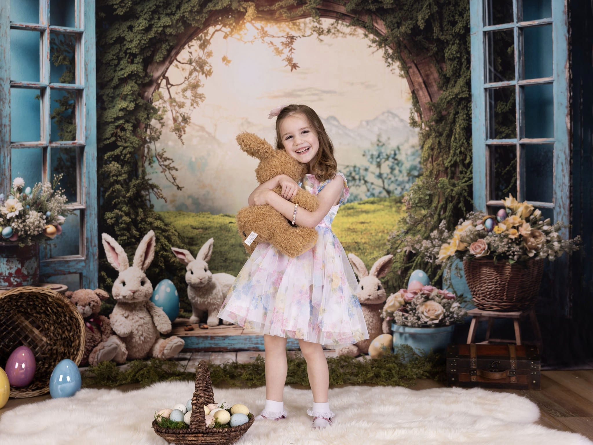Kate Pâques Lapin Fenêtre Paysage Toile de fond en Laine pour la photographie - Kate Backdrop FR