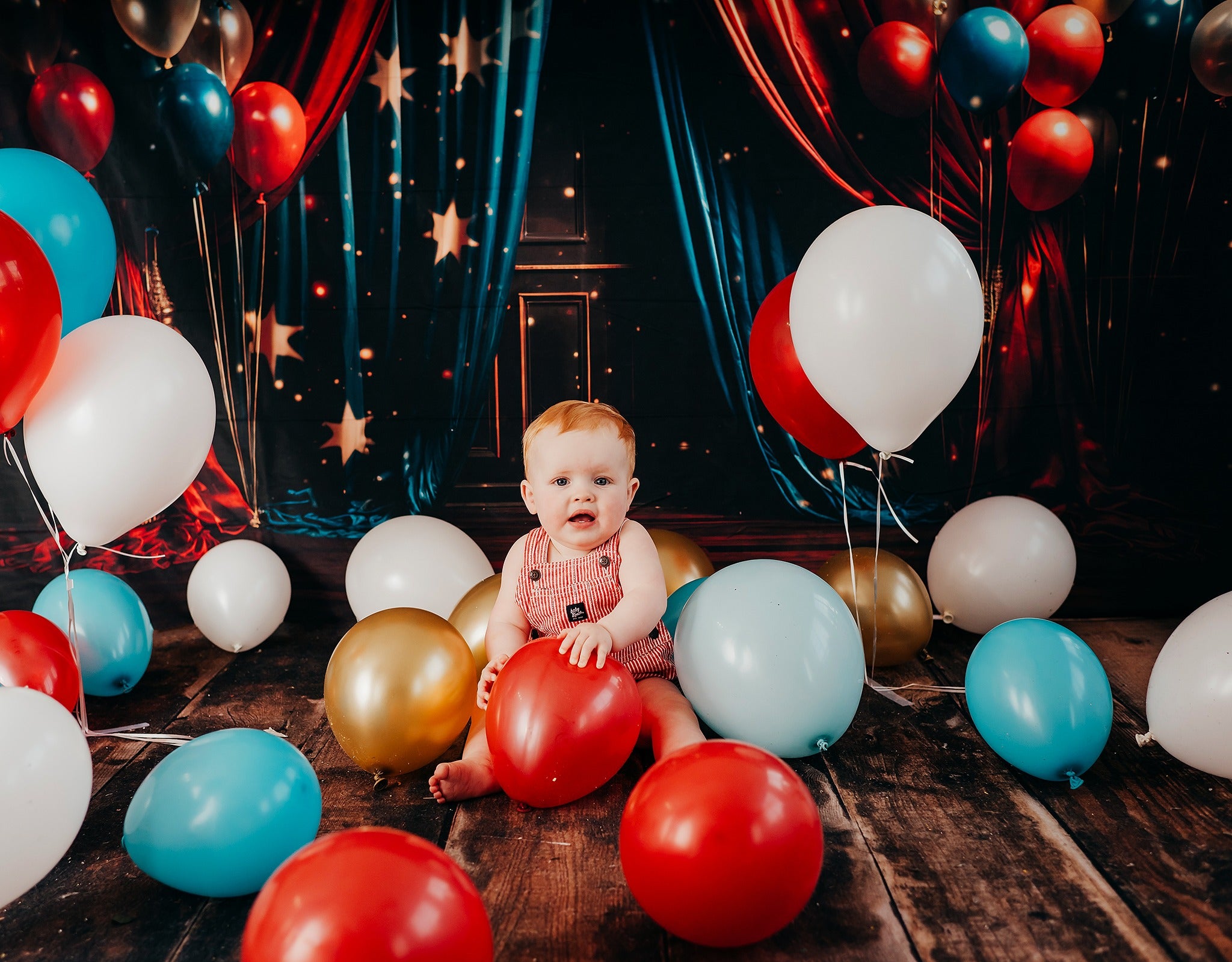 Kate Étoiles Ballons Rideau Rouge & Bleu Scène Toile de fond pour la photographie - Kate Backdrop FR
