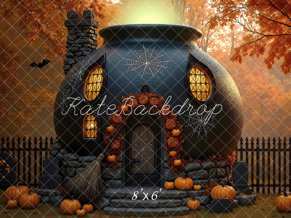 Kate Halloween Maison Sorcière Citrouilles Toile de fond conçue par Mini MakeBelieve