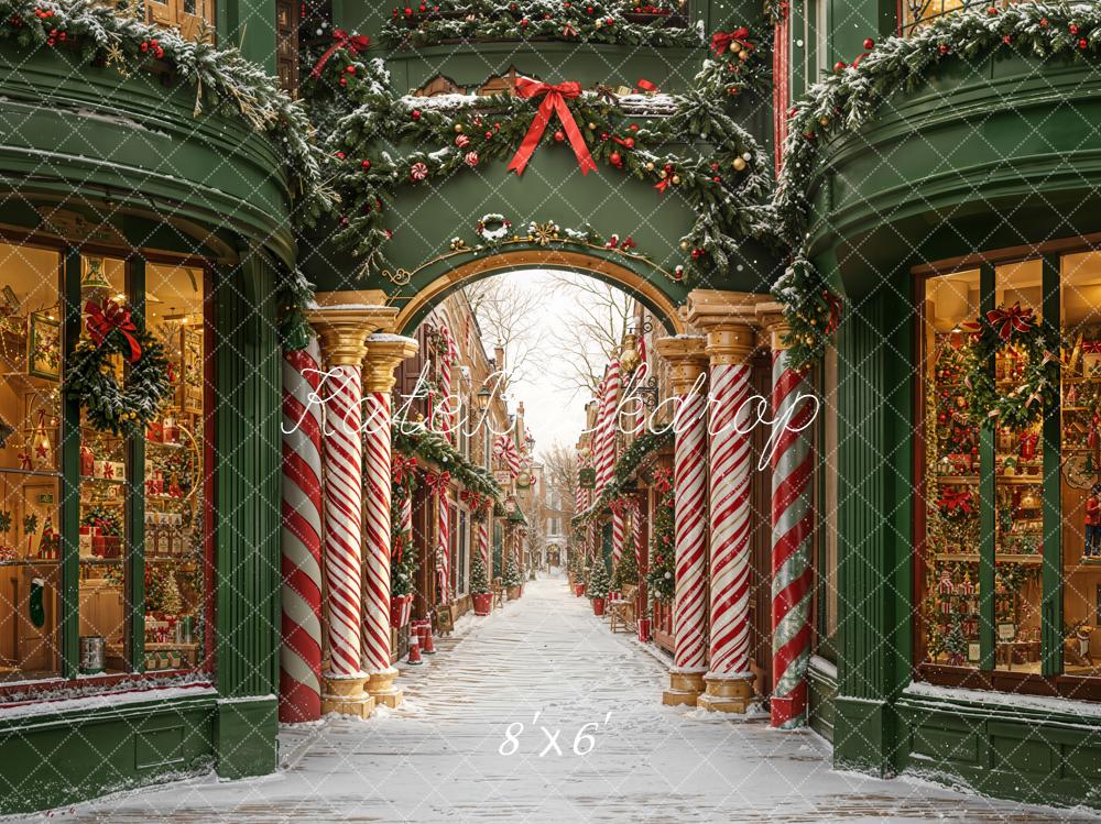 Kate Noël Rue Colonnes Bonbons Neige Toile de fond conçue par Emetselch - Kate Backdrop FR