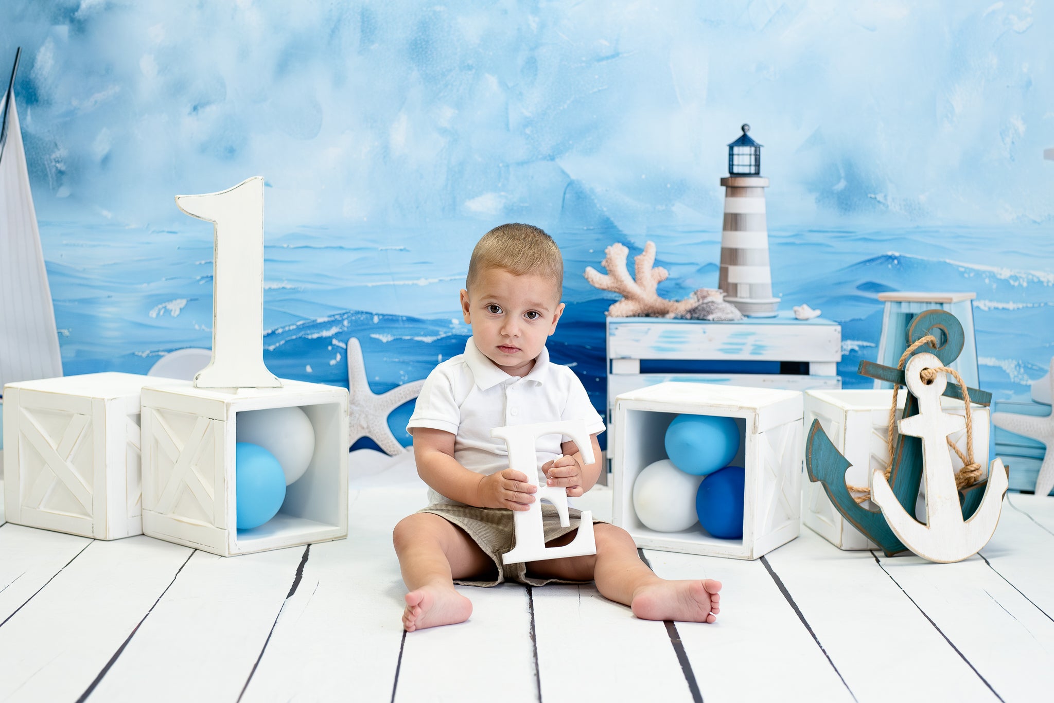 Kate Bord de mer Plage Phare Bateau Bleu Toile de fond conçue par Patty Robert - Kate Backdrop FR