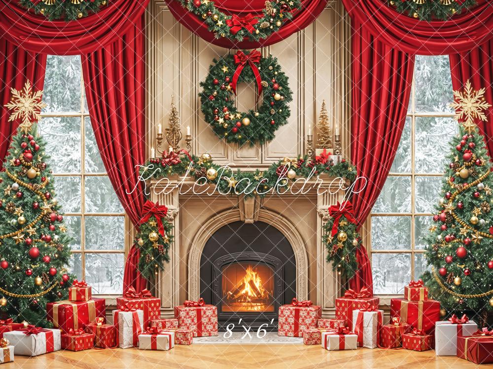 Kate Noël Sapins Cheminée Cadeaux Rouge Toile de fond conçue par Emetselch - Kate Backdrop FR