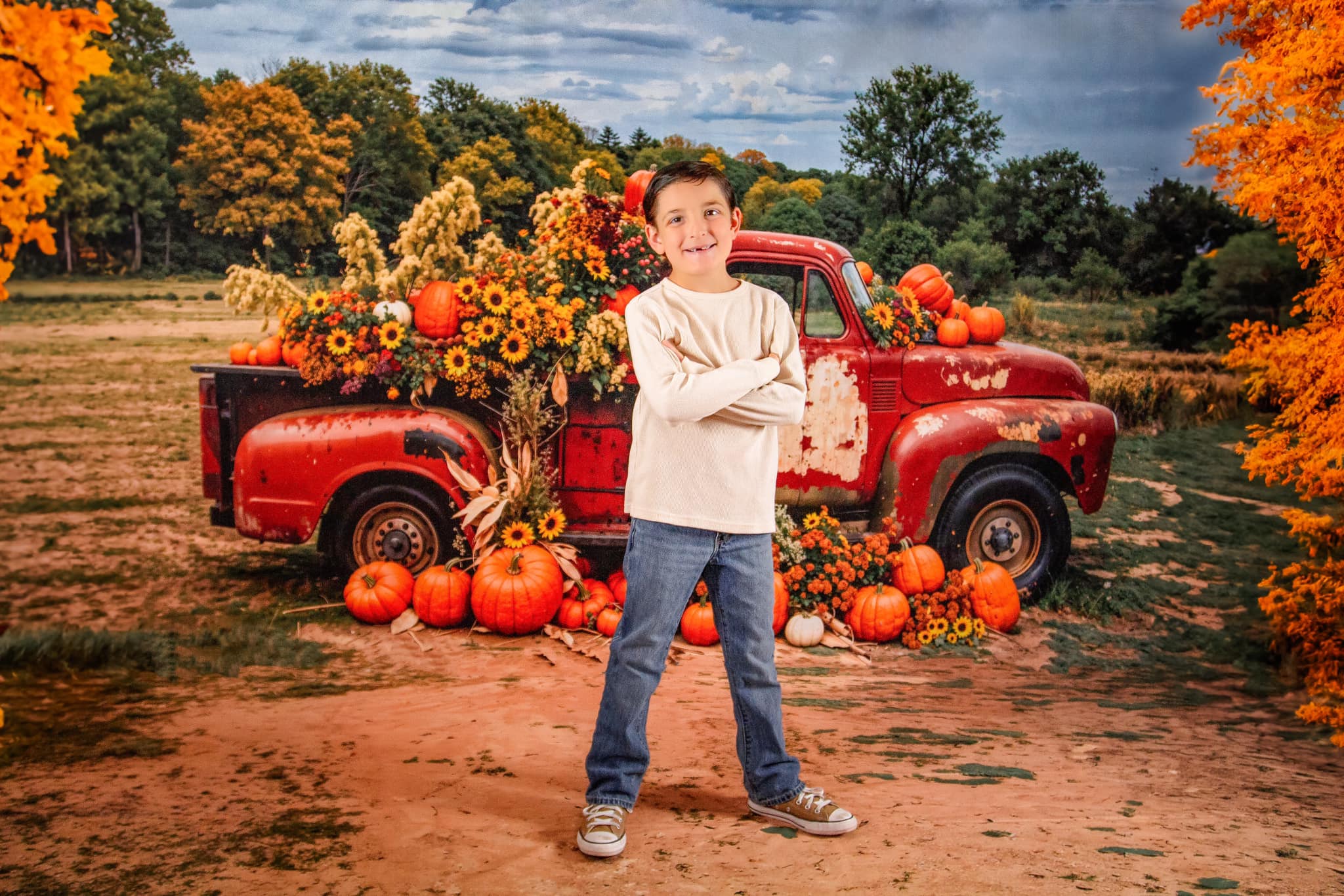 Kate Automne Extérieur Forêt Camion Citrouille Toile de fond conçue par Emetselch - Kate Backdrop FR