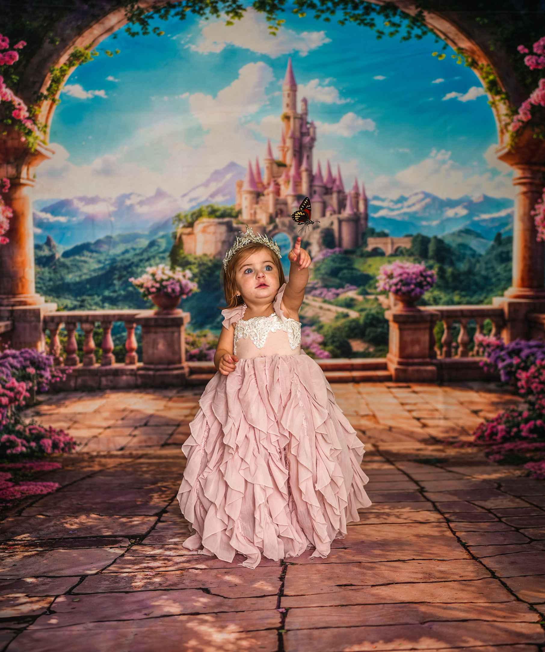 Kate Printemps Fleur Arche Balcon Château Toile de fond+Fleurs Chemin en pierre Sol Toile de fond - Kate Backdrop FR