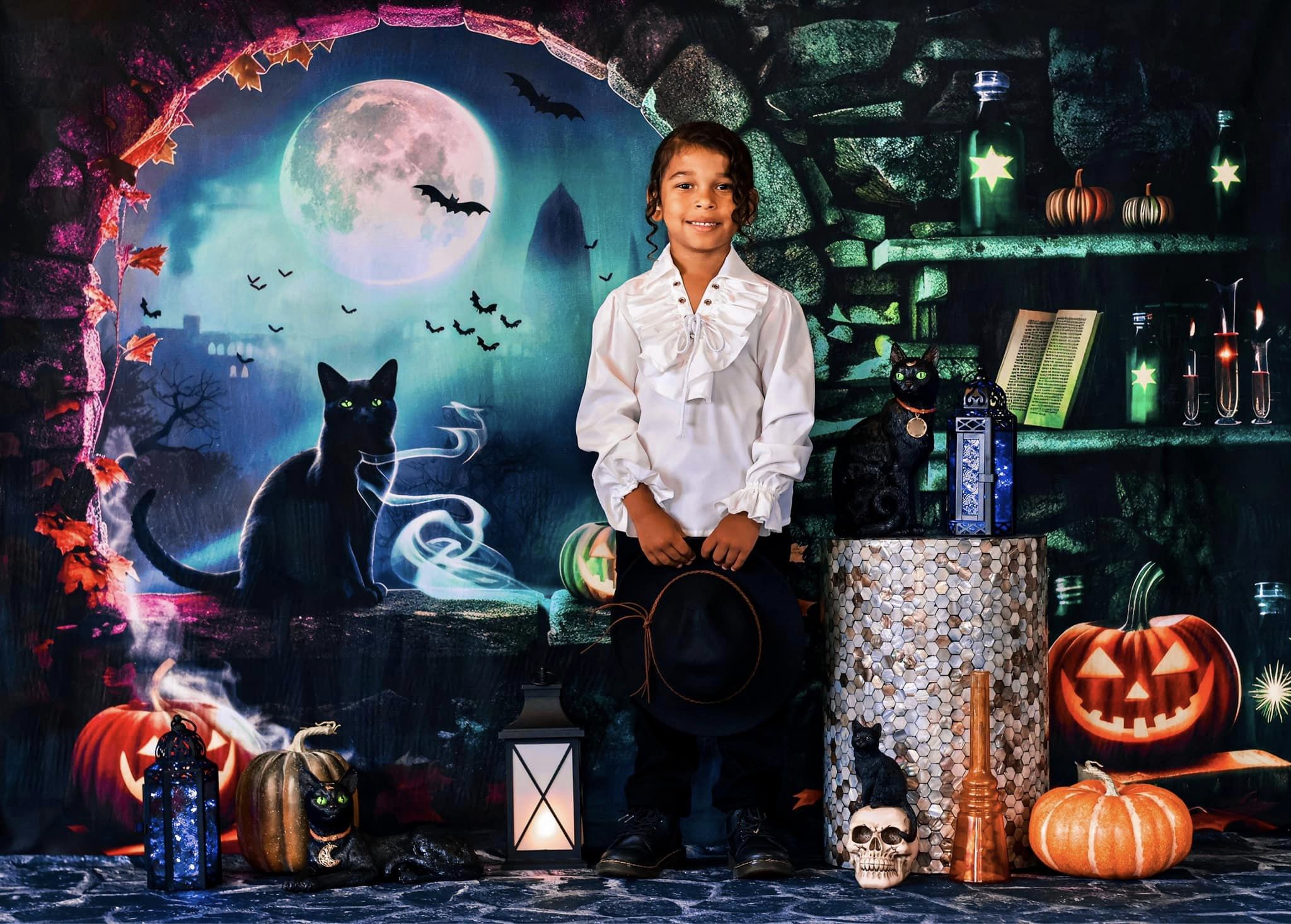 Kate Halloween Salle des Sorcières Chat Toile de fond conçue par Mini MakeBelieve - Kate Backdrop FR
