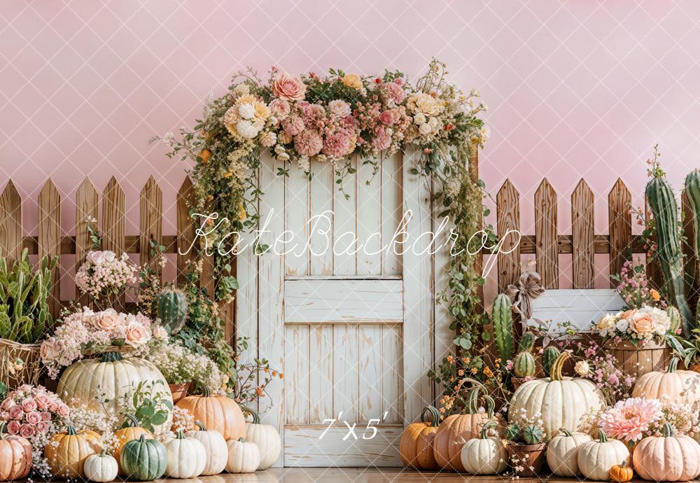 Kate Automne Citrouilles Fleurs Clôture Porte Toile de fond conçue par Emetselch - Kate Backdrop FR