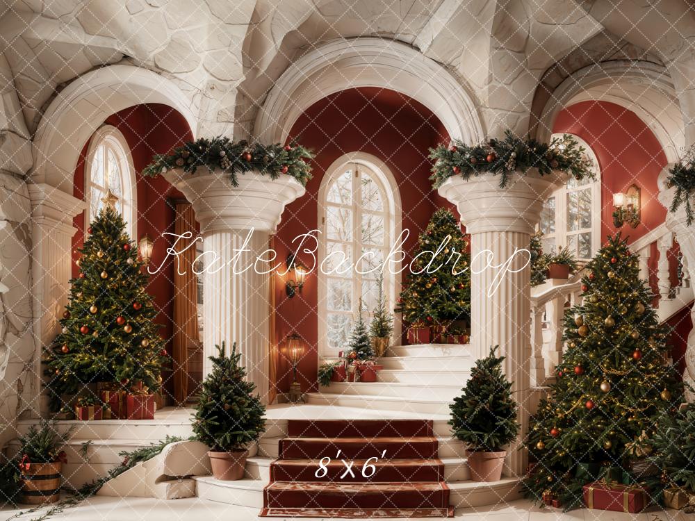 Kate Sapins de Noël Escalier Rouge Toile de fond en Laine conçue par Emetselch - Kate Backdrop FR