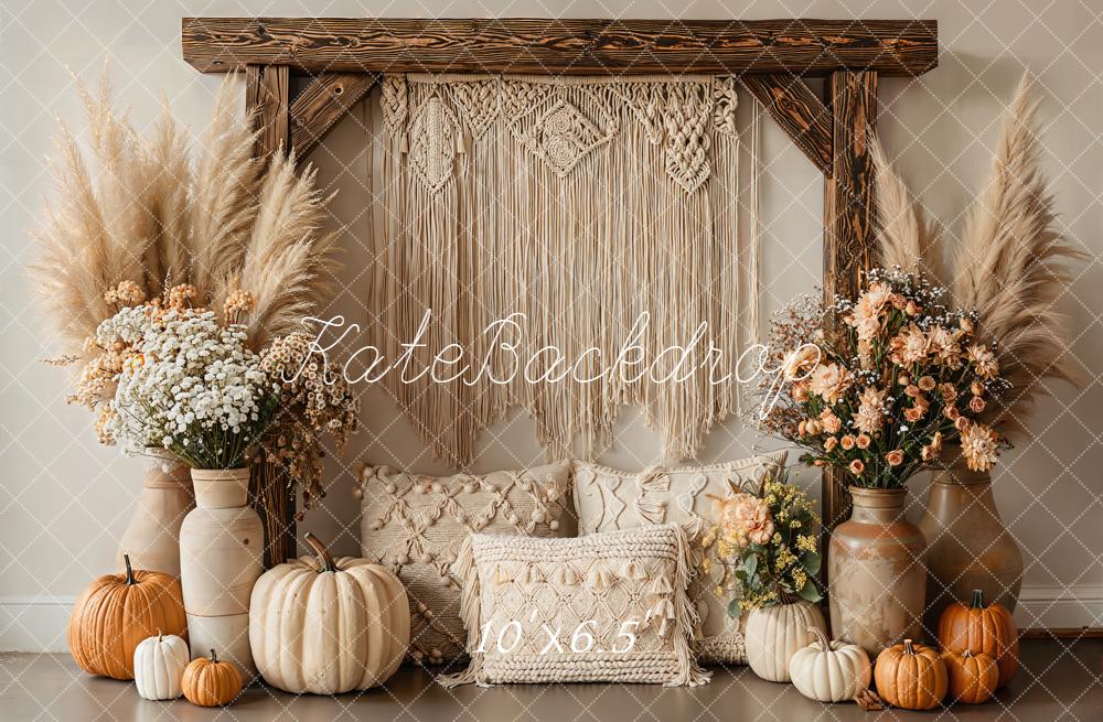 Kate Bohème Citrouilles Fleurs Pampas Toile de fond en Laine conçue par Emetselch