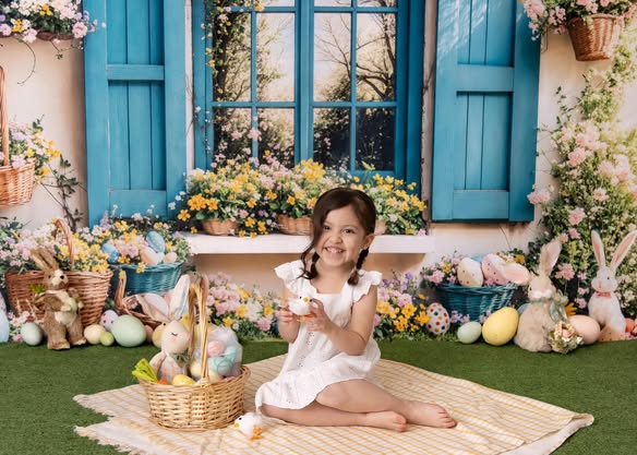 Kate Pâques Lapin Fleurs Fenêtre Bleu Toile de fond conçue par Emetselch - Kate Backdrop FR