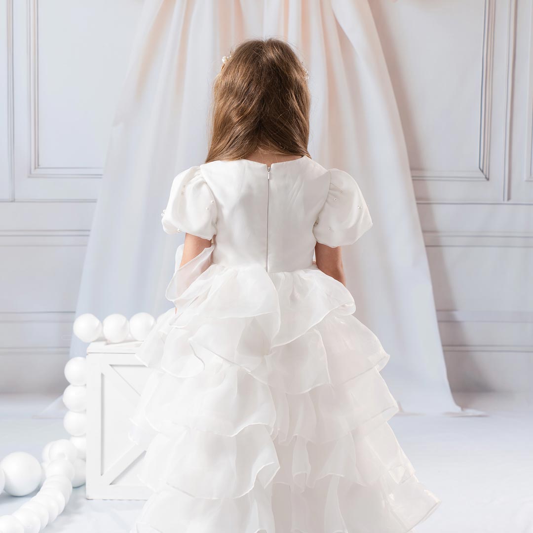 Kate Blanc Maillage Longue Robe pour Enfants avec Serre-tête Perlé - Kate Backdrop FR